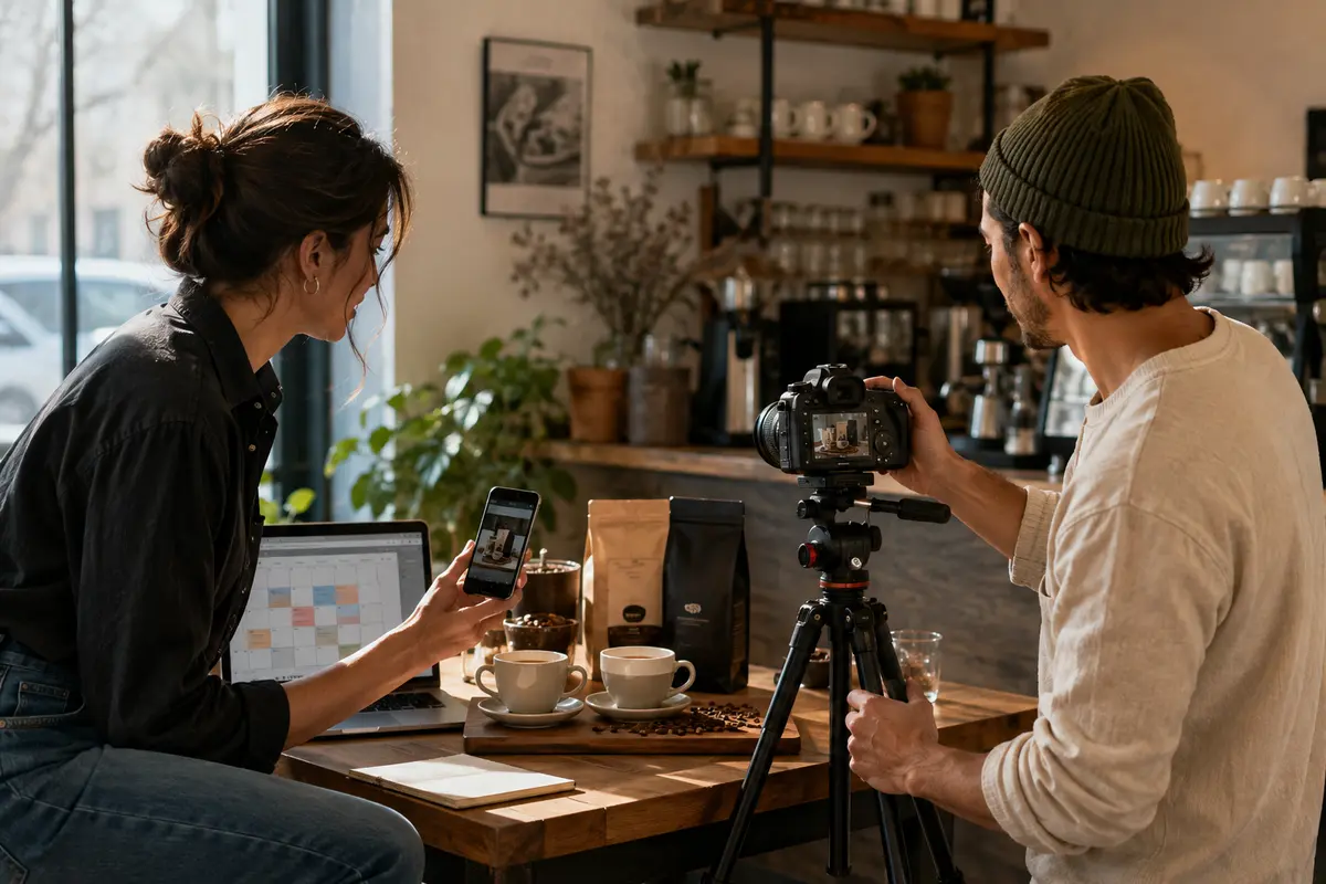 Equipo realizando una sesión fotográfica y contenido digital para una cafetería