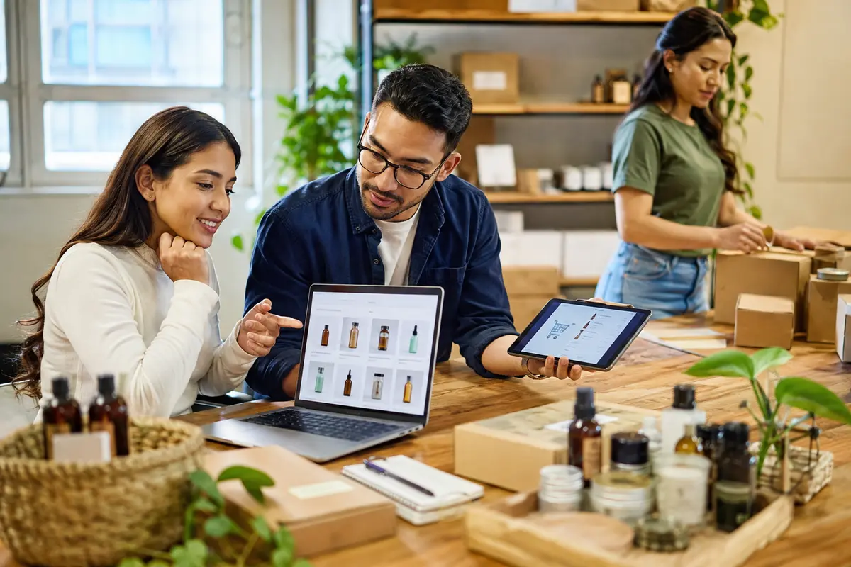 Emprendedores gestionando productos y pedidos desde una tienda virtual