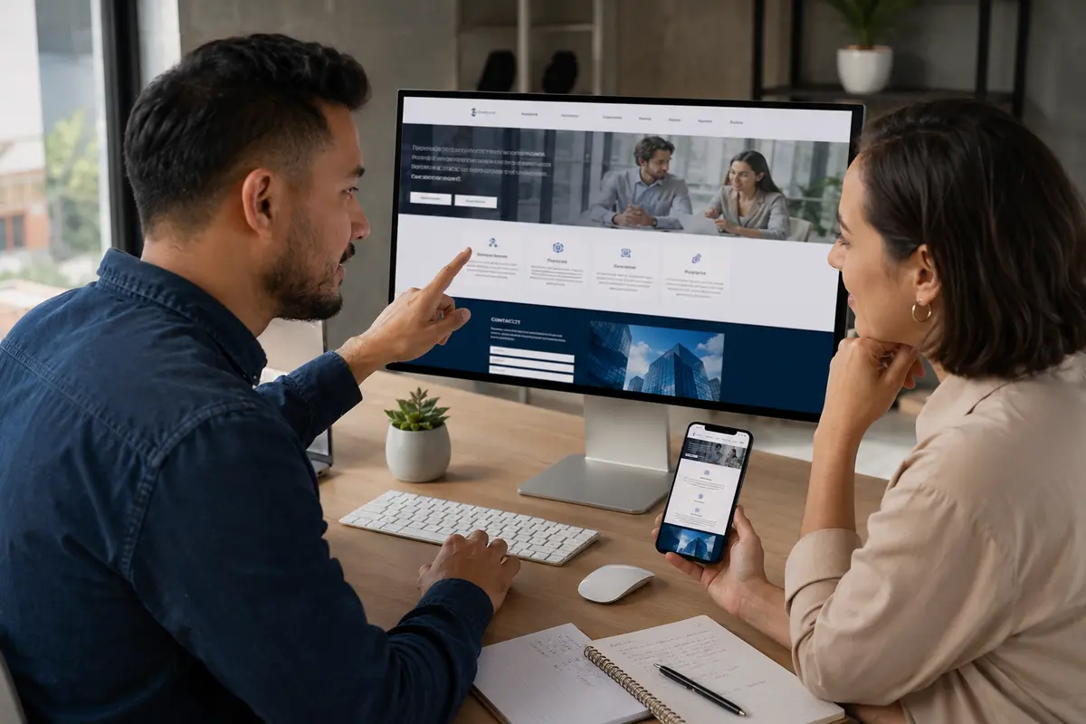 Diseñador y empresaria revisando una página web corporativa adaptable