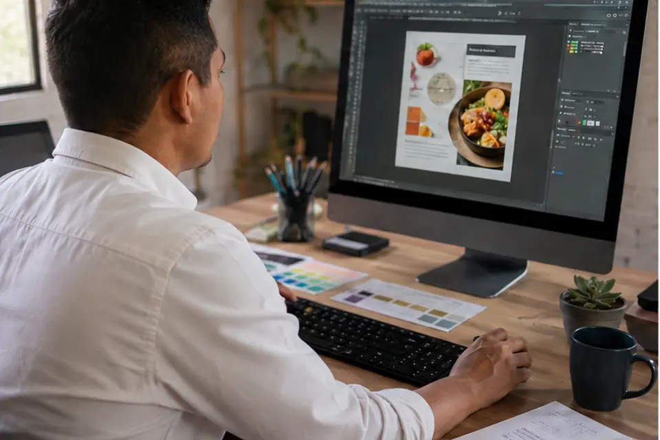 Diseñadora creando contenido visual para redes sociales